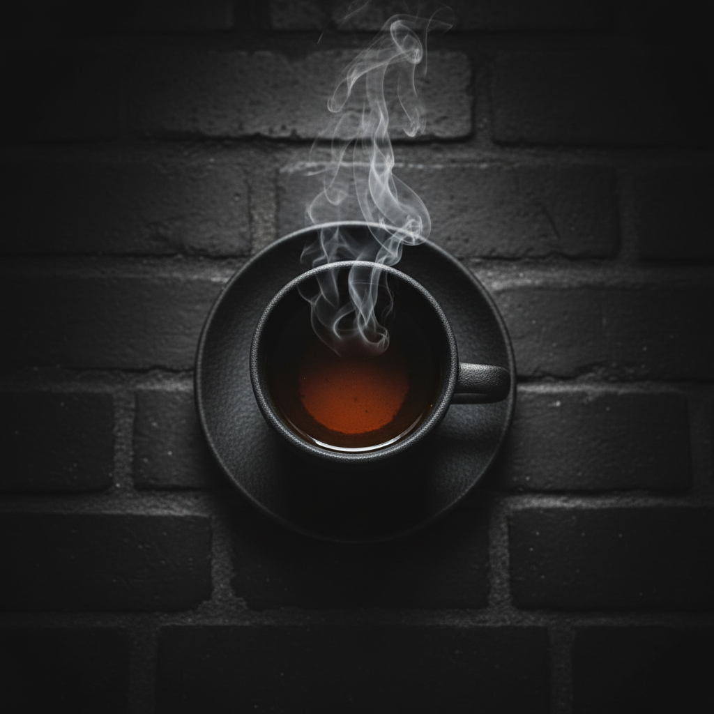 A steaming cup of British tea centered on a dark moody background